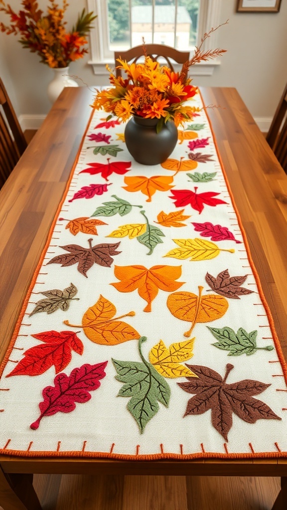A quilted table runner featuring colorful autumn leaves on a neutral background.