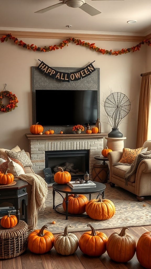 A cozy living room decorated for Halloween with pumpkins, warm colors, and autumnal accents.