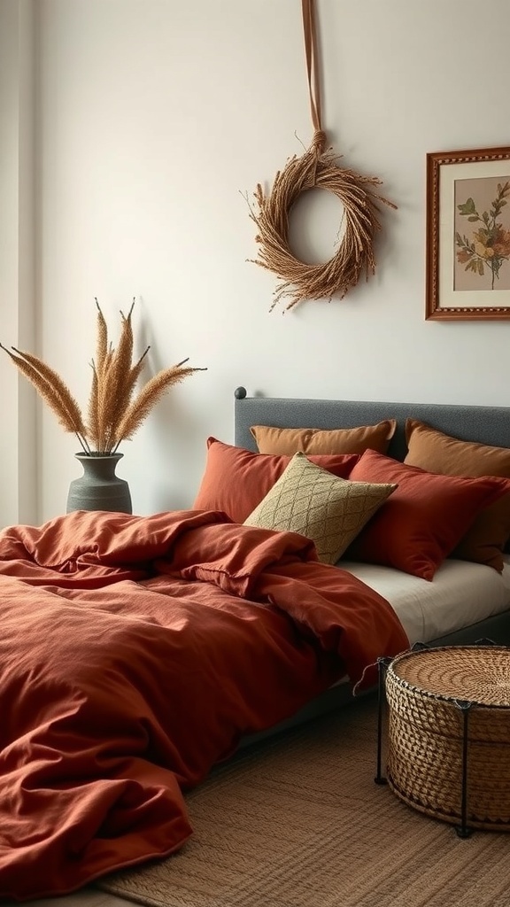 Cozy autumn bedroom with warm color palette featuring rust bedding and natural decor.