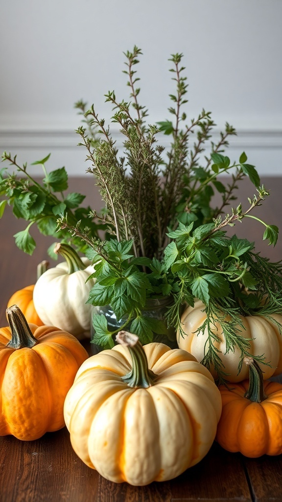 A collection of orange and white pumpkins surrounded by fresh herbs like rosemary and mint.