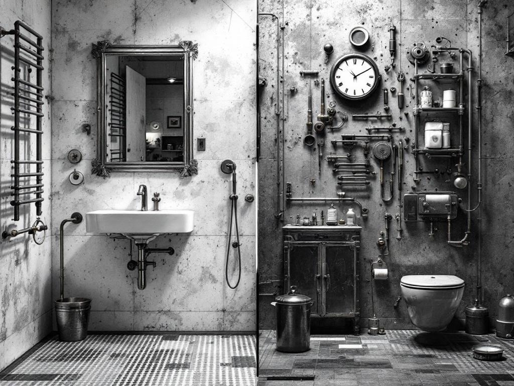 A stylish bathroom featuring a mix of metal fixtures and finishes, showcasing an industrial design.