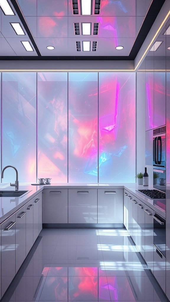 Modern kitchen with back-painted glass panels in vibrant colors