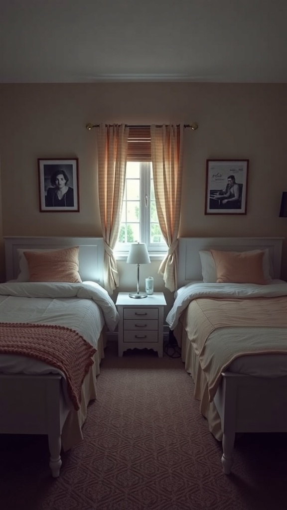 A shared bedroom featuring two twin beds arranged back-to-back with a nightstand in the middle, decorated in warm tones.