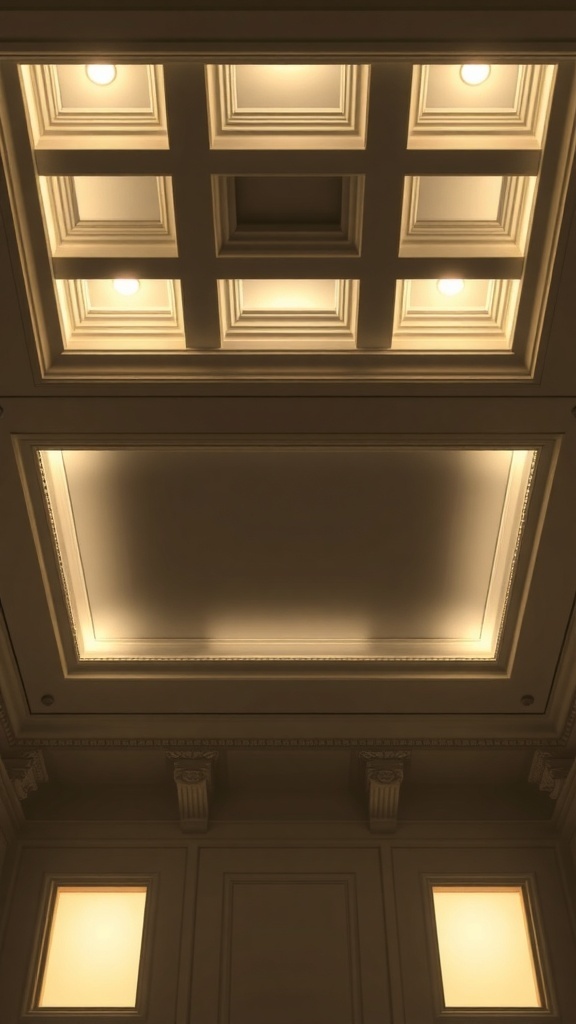 Backlit coffered ceiling box with recessed squares and soft glow lighting