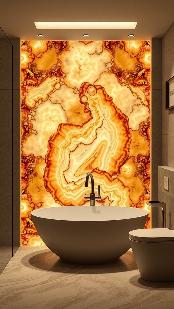 A bathroom featuring a backlit onyx accent wall, showcasing warm colors and patterns, with a modern freestanding tub in front.