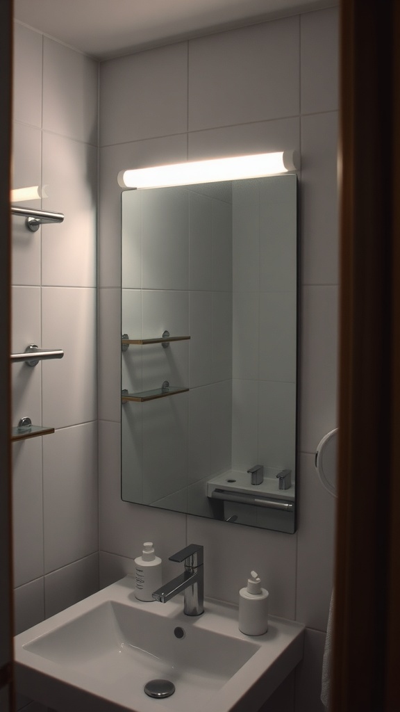A small powder room featuring a backlit mirror and modern sink.