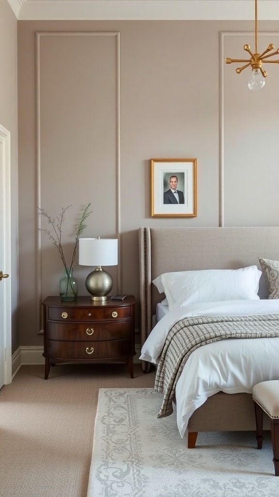 A serene Japandi-style bedroom featuring a low-profile bed, soft neutral walls, and a wooden nightstand with a lamp and a framed portrait.