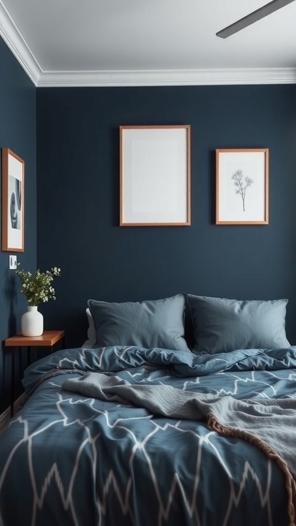 A cozy navy blue bedroom featuring navy walls, light blue bedding, and framed artwork.