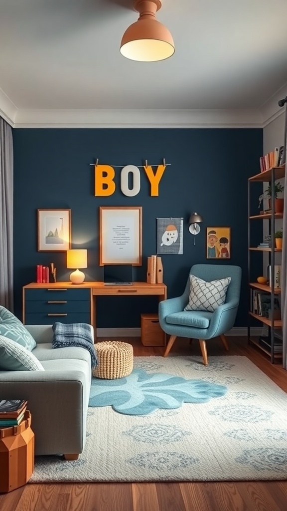 A stylish boys room featuring a navy wall, light furniture, and playful decor.