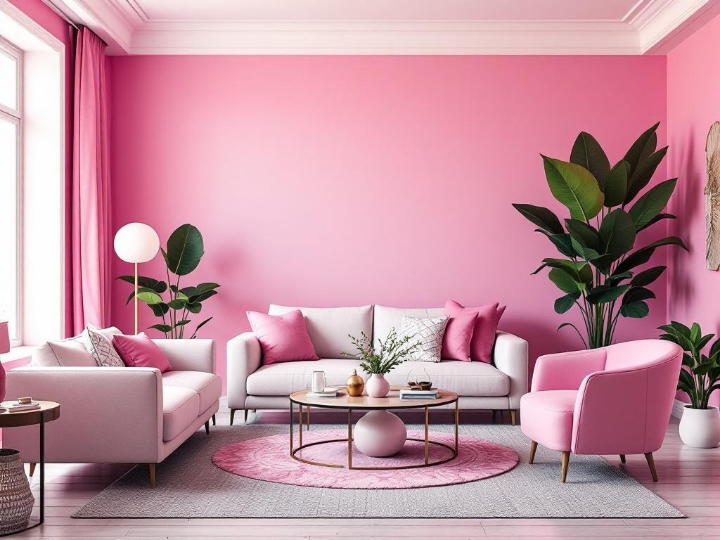 A vibrant living room featuring a bubblegum pink ceiling, light pink sofas, and lush green plants.