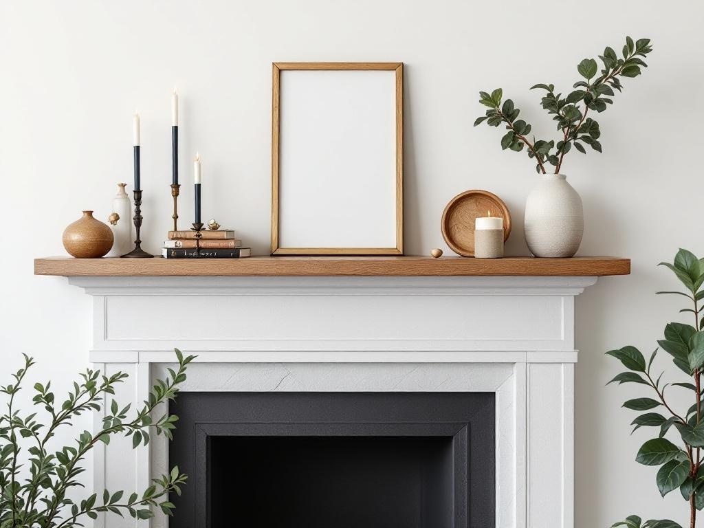 A stylish fireplace mantel decorated with candles, books, and greenery.