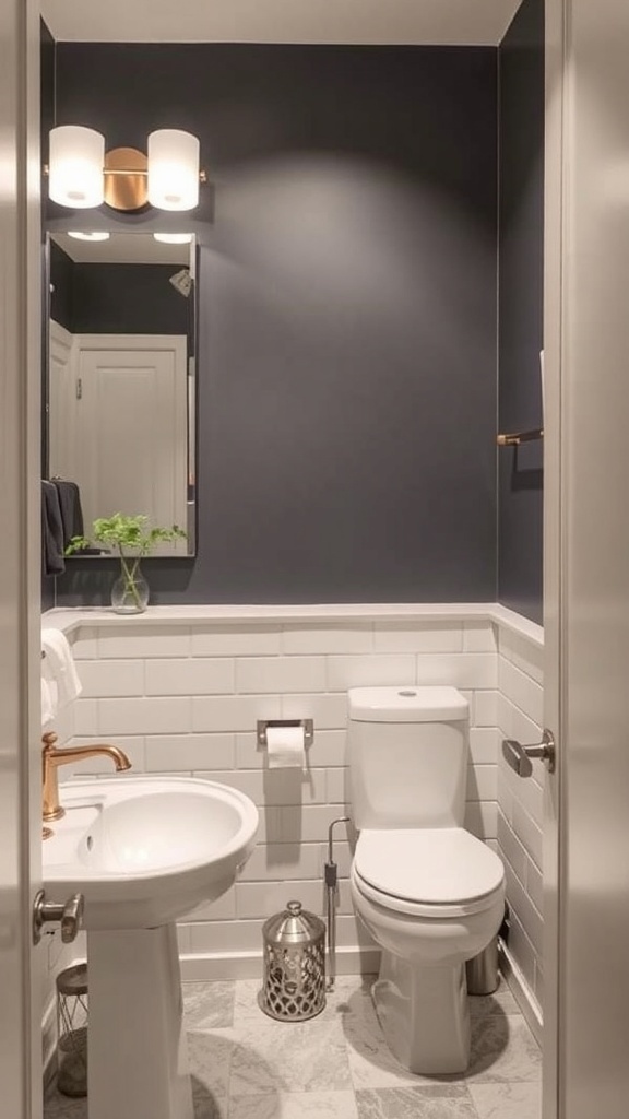 A luxurious powder room featuring navy walls, white wainscoting, elegant lighting, and stylish fixtures.