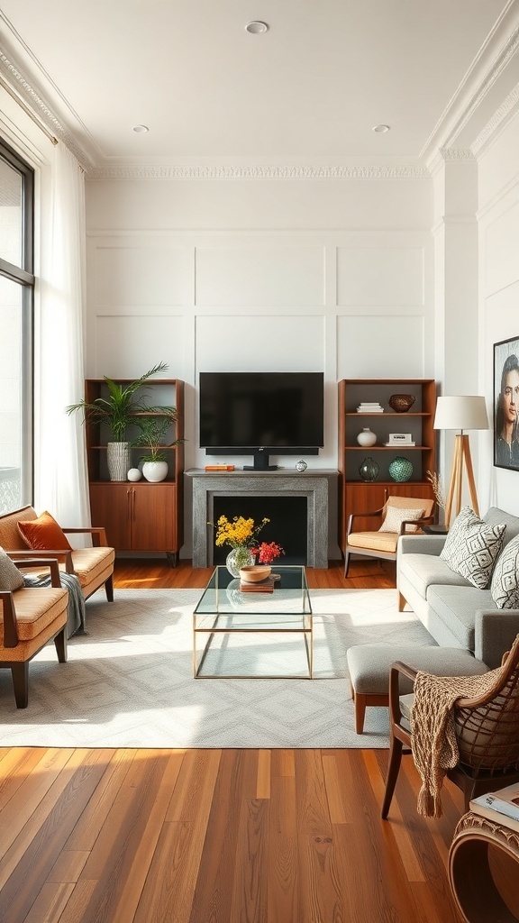 A stylish living room with a balanced arrangement of furniture, featuring two armchairs, a sofa, and a coffee table.
