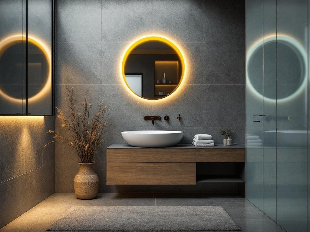 A modern bathroom featuring a round illuminated mirror, gray tiles, a wooden vanity, and a plant.