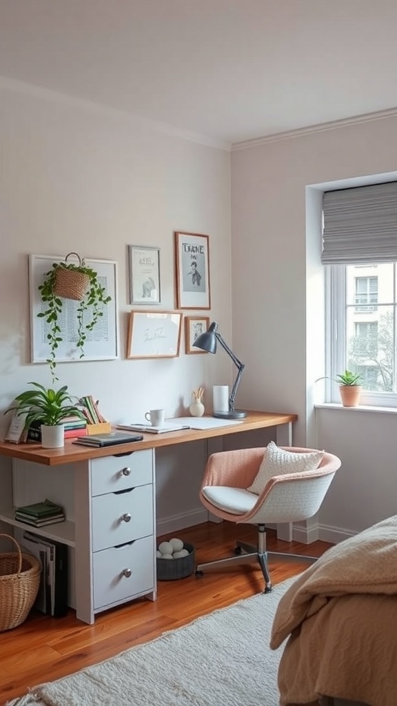 Cozy bedroom workspace with a desk, chair, and plants