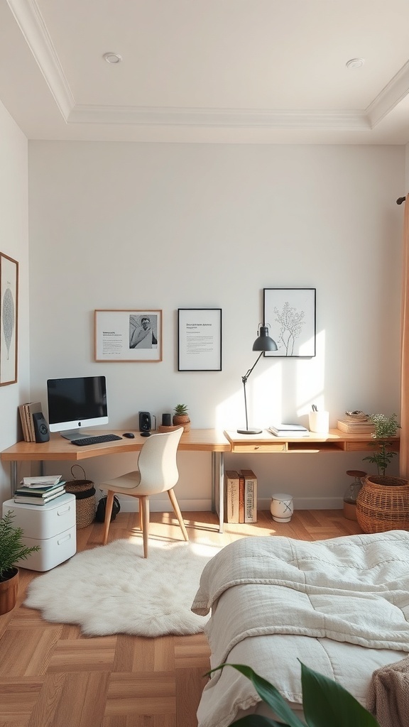 A cozy bedroom with a queen bed and a functional office space featuring a desk and computer.