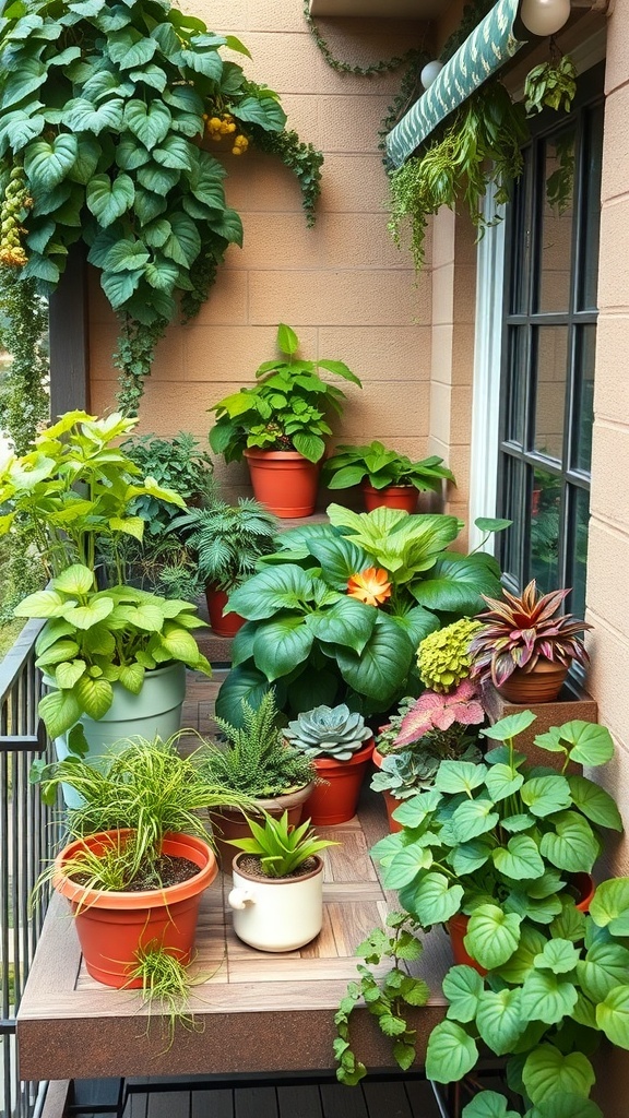 A vibrant balcony garden filled with various plants in colorful pots, showcasing a lush green space.