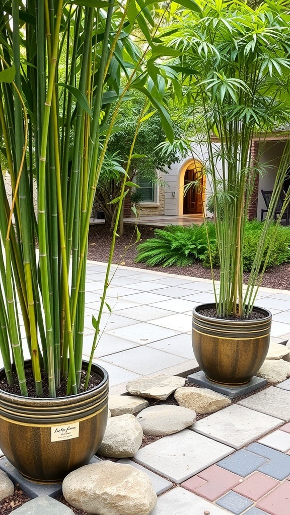 Bamboo plants in decorative pots on a stone patio