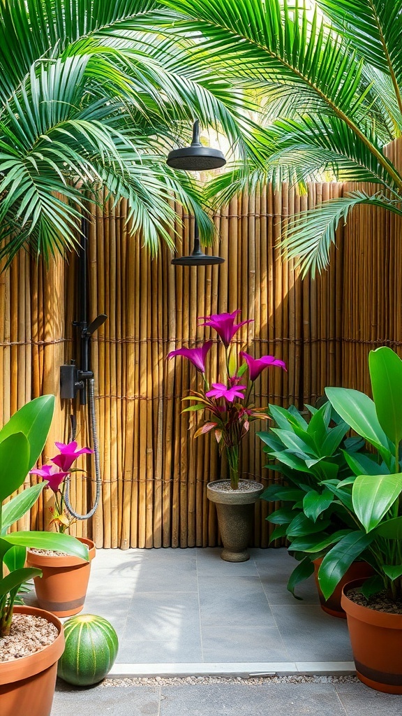 Outdoor shower with bamboo privacy barrier and tropical plants