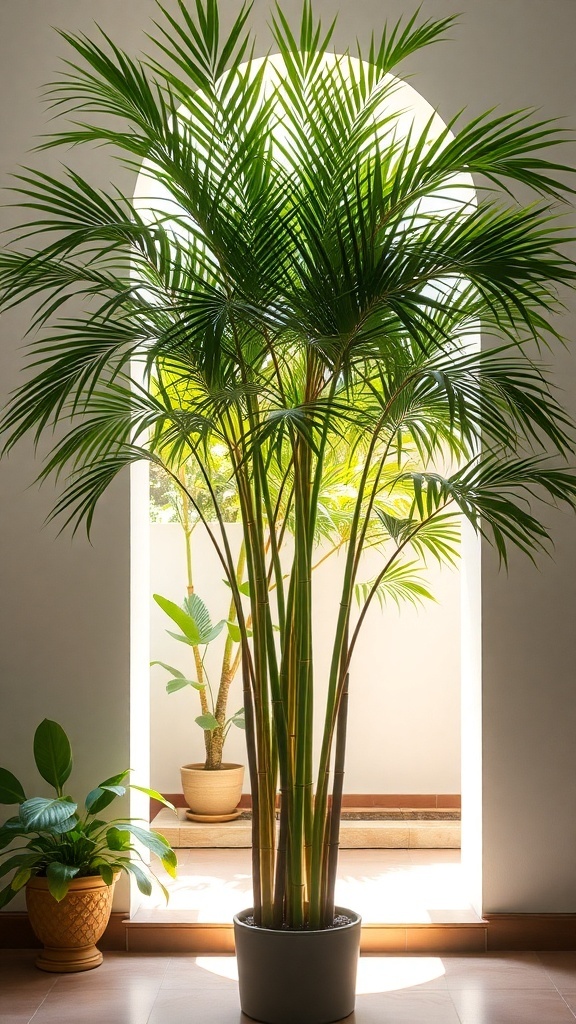 A Bamboo Palm in a bright indoor setting, showcasing its tall stalks and lush fronds.