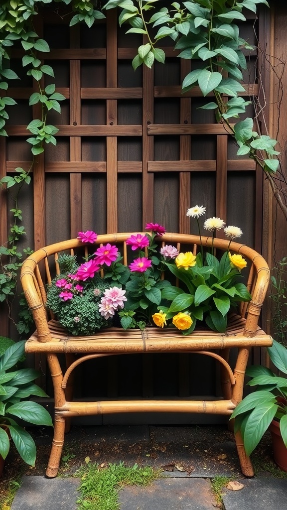 A bamboo planter bench filled with colorful flowers, set against a wooden trellis.