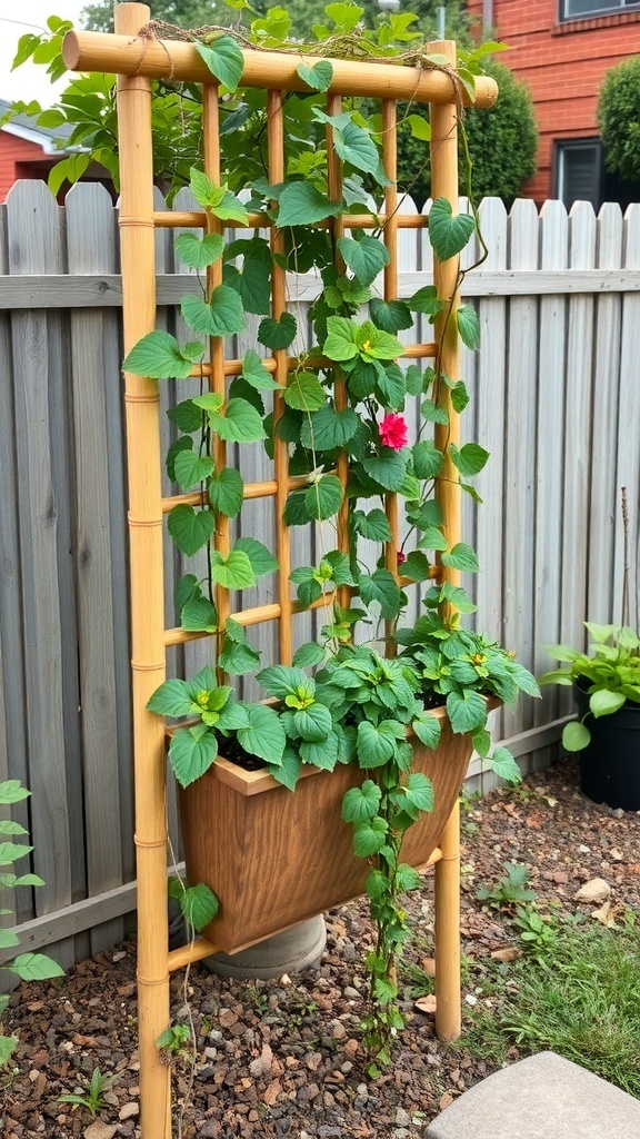 Bamboo planter box with trellis, filled with green plants and a blooming flower.