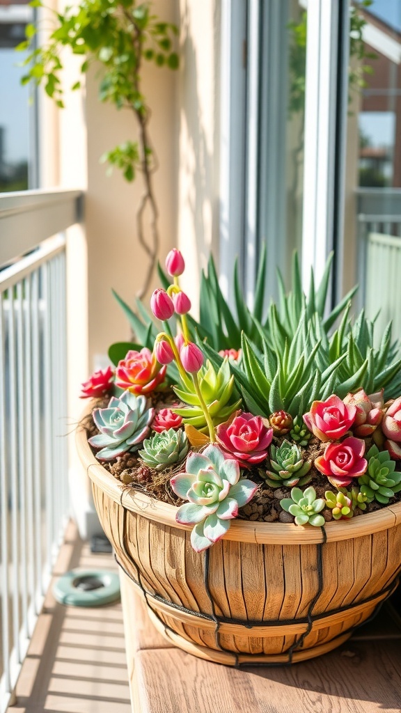 A bamboo planter filled with colorful succulents, showcasing a variety of shapes and hues.