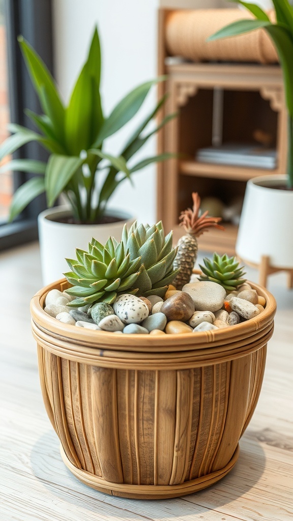 A bamboo planter filled with decorative stones and succulents, placed in a bright indoor setting.