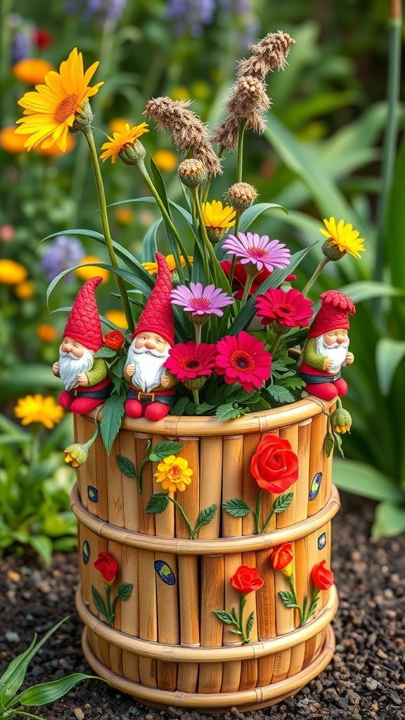 A bamboo planter filled with colorful flowers and three garden gnomes.