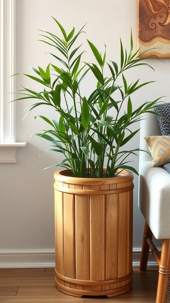 A bamboo planter with natural wood accents, featuring lush green plants, placed in a bright room.