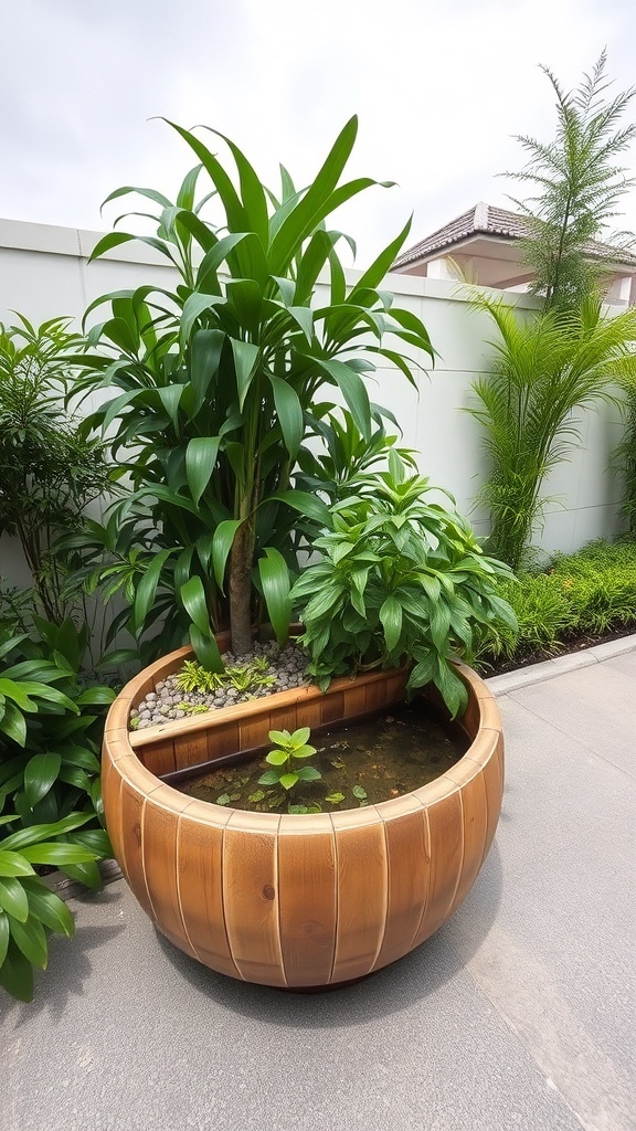 A round wooden bamboo planter with a water feature, surrounded by lush green plants.