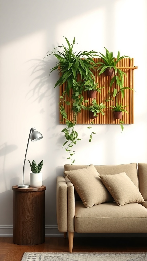 A bamboo wall-mounted planter with various plants, next to a cozy sofa and side table.