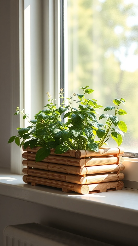 Bamboo planter with herbs on a window sill