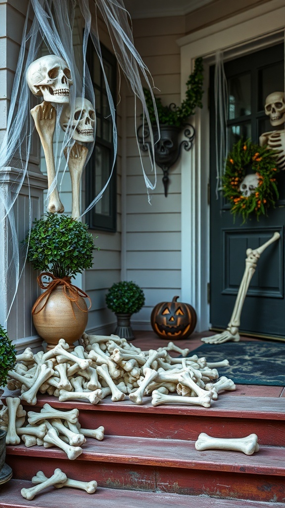 Halloween decor featuring skeletons, faux bones, and a pumpkin on a porch.