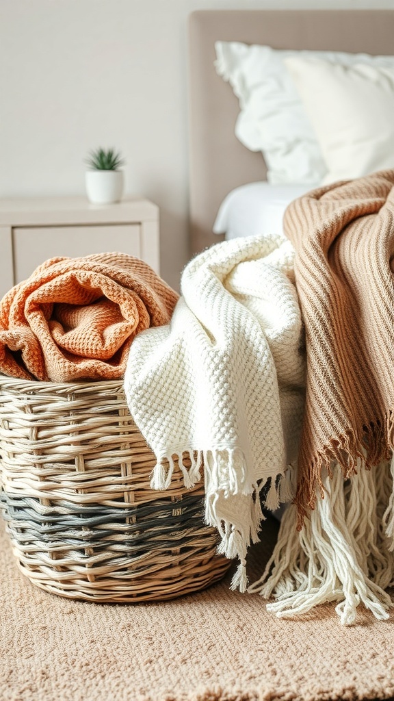 A woven basket filled with cozy throws in warm colors, placed beside a bed.