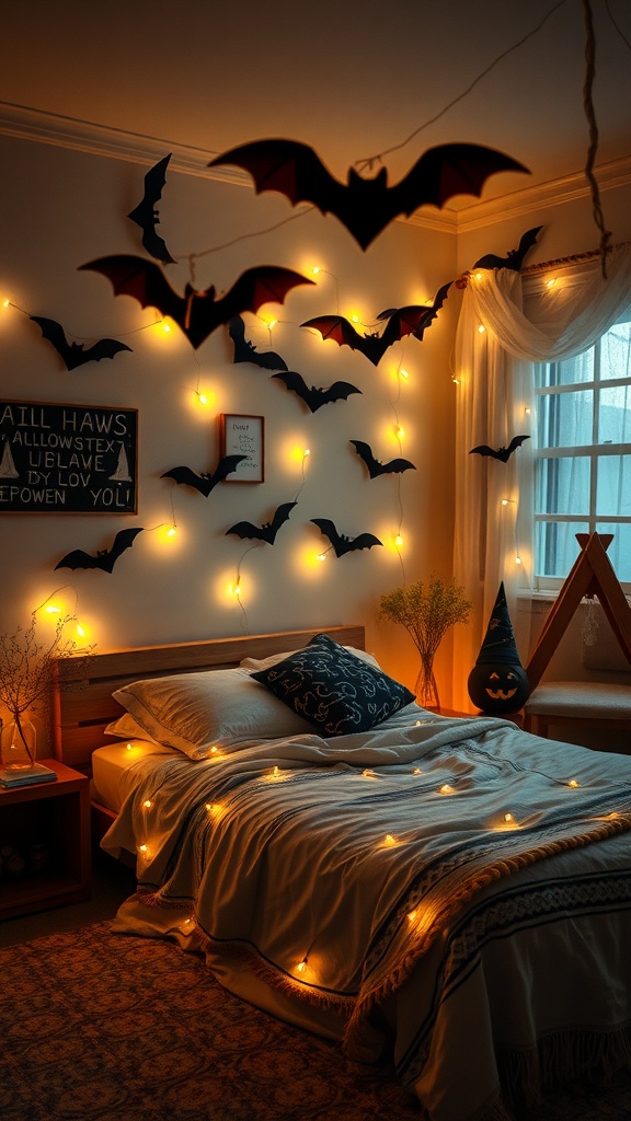A cozy bedroom decorated with bat-inspired string lights and bat silhouettes on the walls.