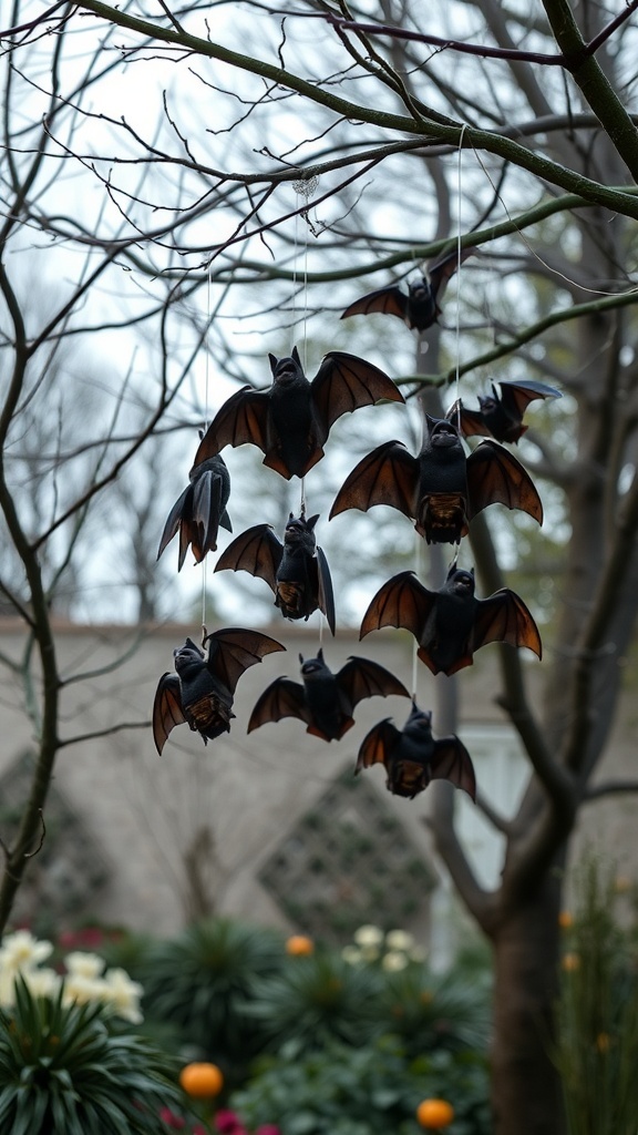 A mobile of bats hanging from tree branches in a garden