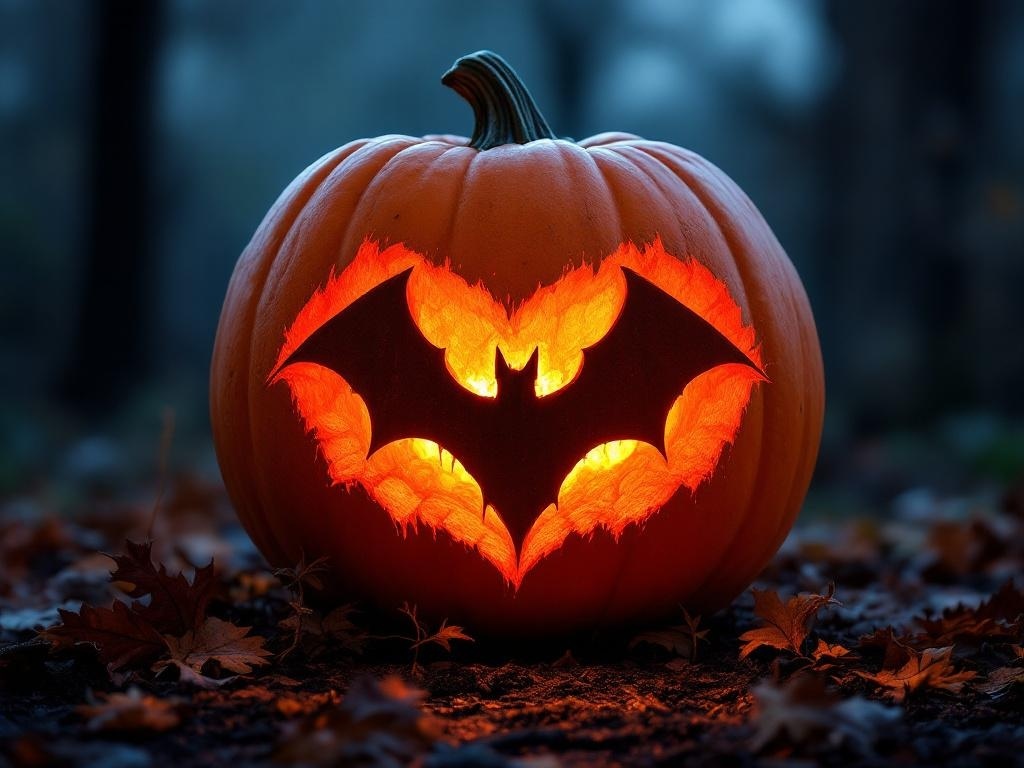 A carved pumpkin with a bat silhouette design, glowing orange from within.