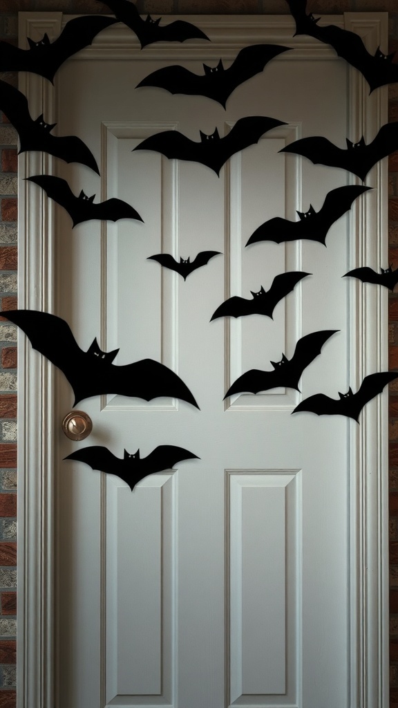 A door decorated with black paper bats creating a swarm effect.
