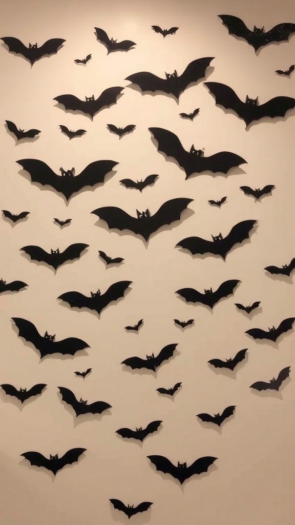 A wall decorated with various sizes of black bat decals, creating a spooky Halloween atmosphere.