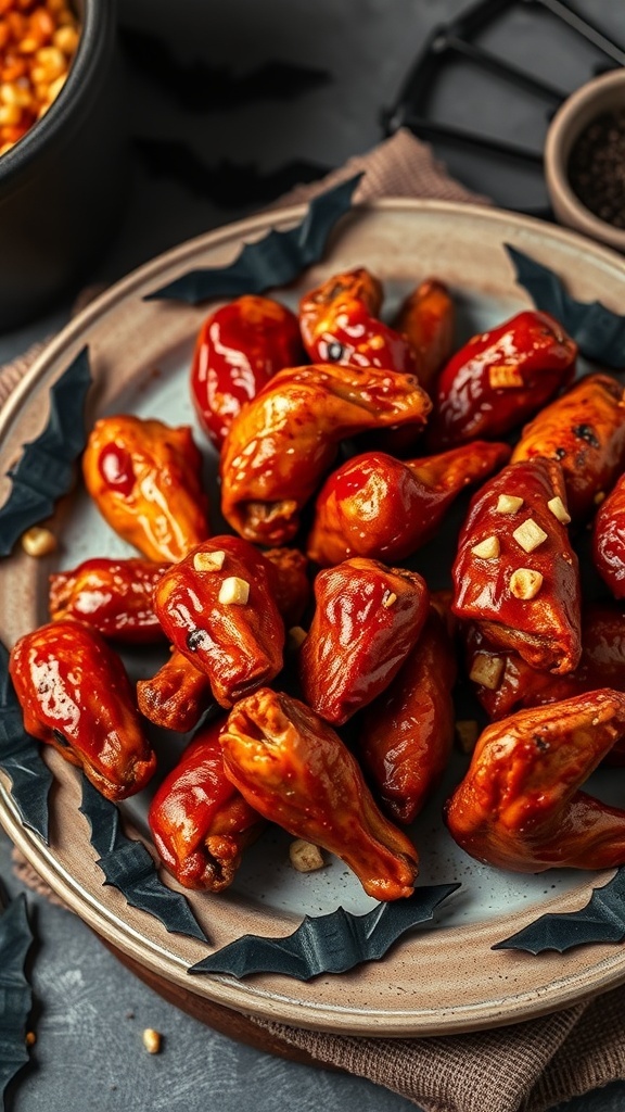 A plate of spicy chicken wings arranged with bat-shaped decorations, perfect for Halloween.