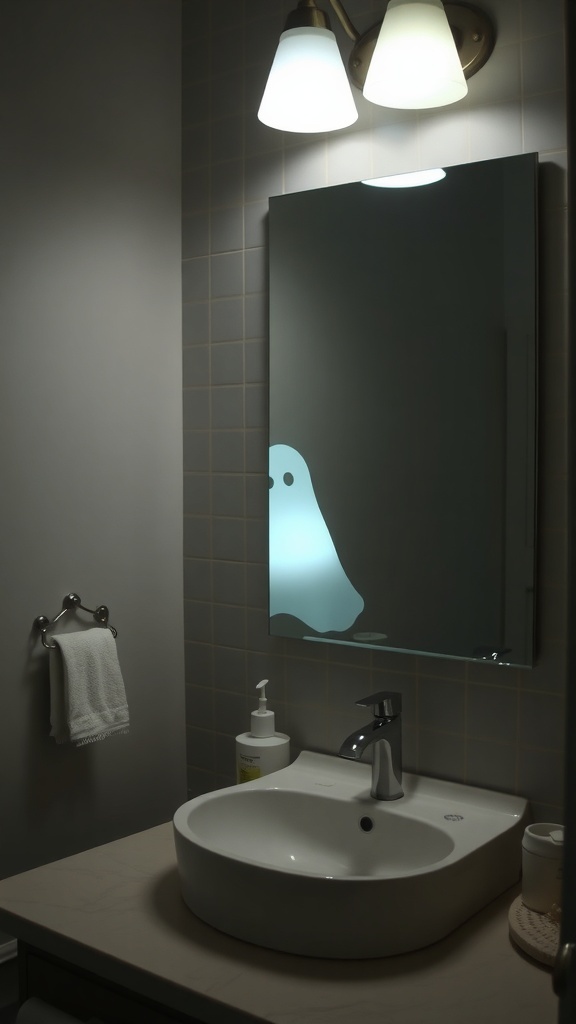A ghost-shaped LED lamp glowing softly in a bathroom setting.