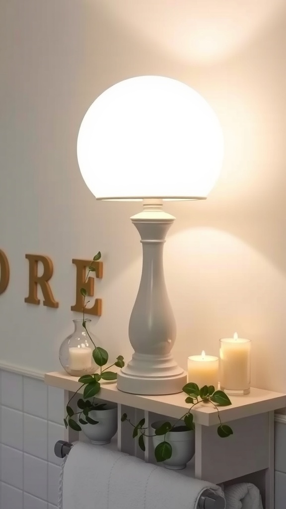 A ghost reading book lamp on a bathroom shelf, surrounded by candles and plants.