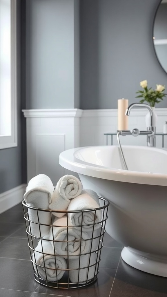 Wire basket filled with rolled white towels beside a modern bathtub