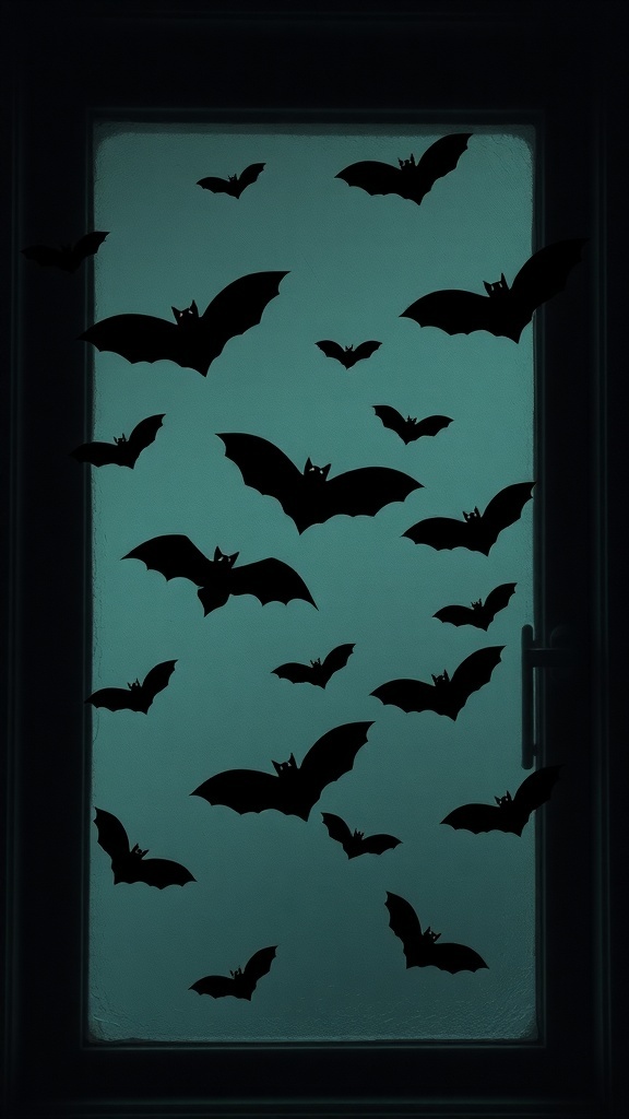 Silhouettes of bats flying on a window, creating a spooky Halloween vibe.