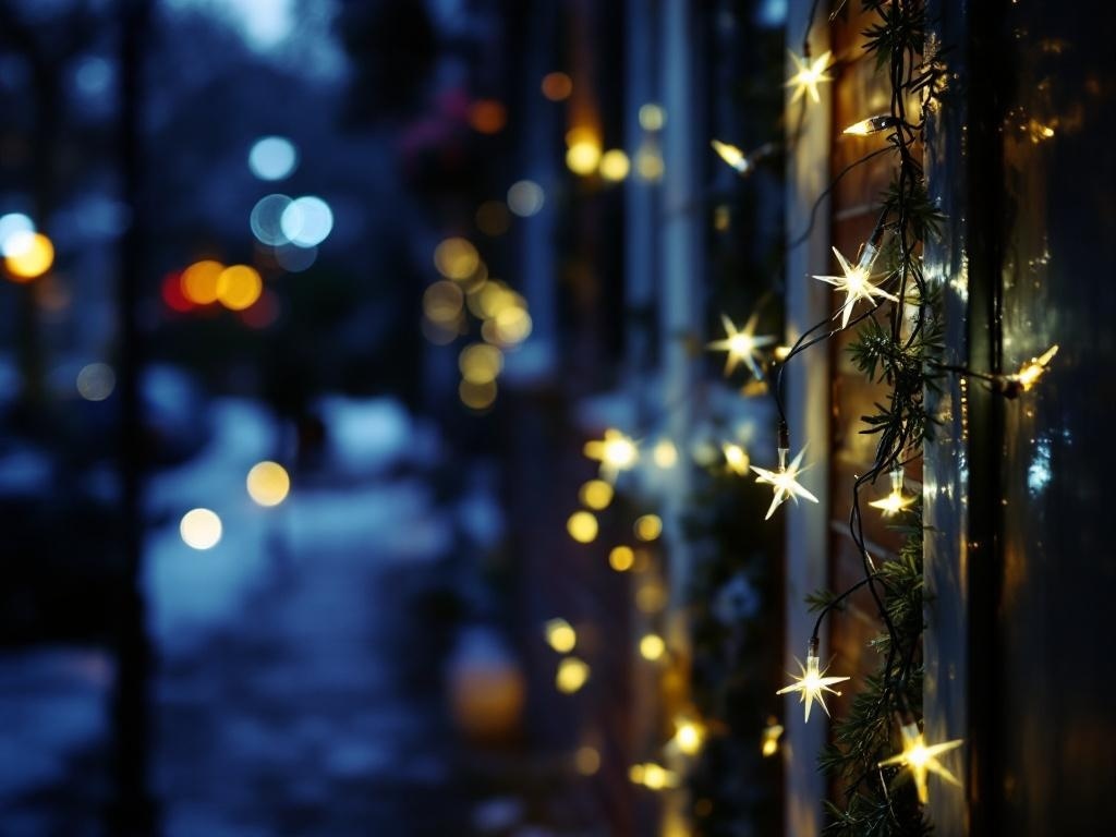 Battery-powered lights strung along a porch, creating a warm glow.