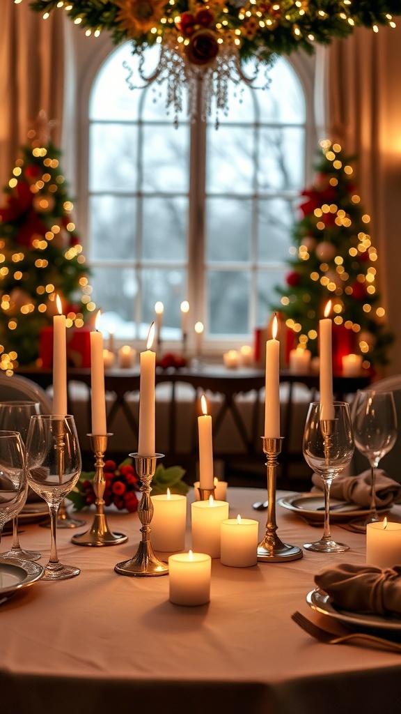 A beautifully set dining table with battery-operated LED candles, surrounded by festive decorations and Christmas trees.