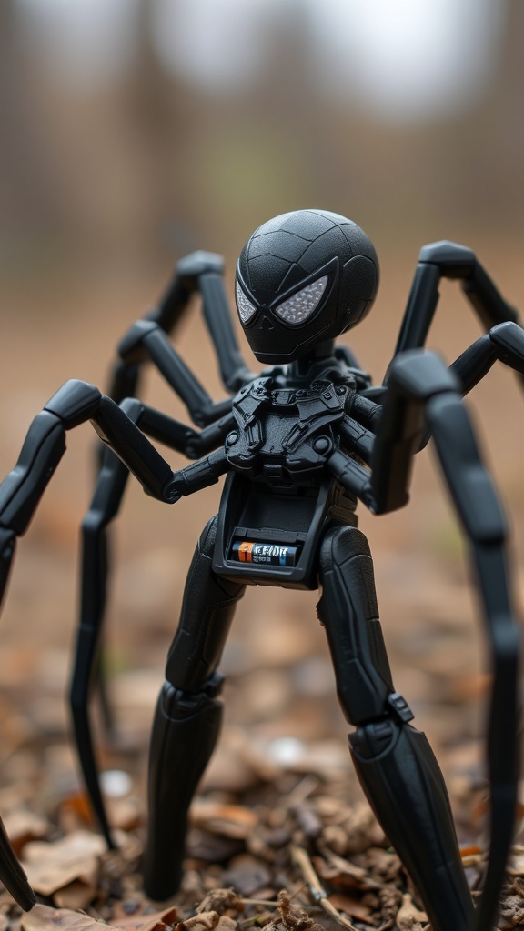 A black spider figure with glowing eyes, designed for Halloween decoration, showcasing its battery compartment.