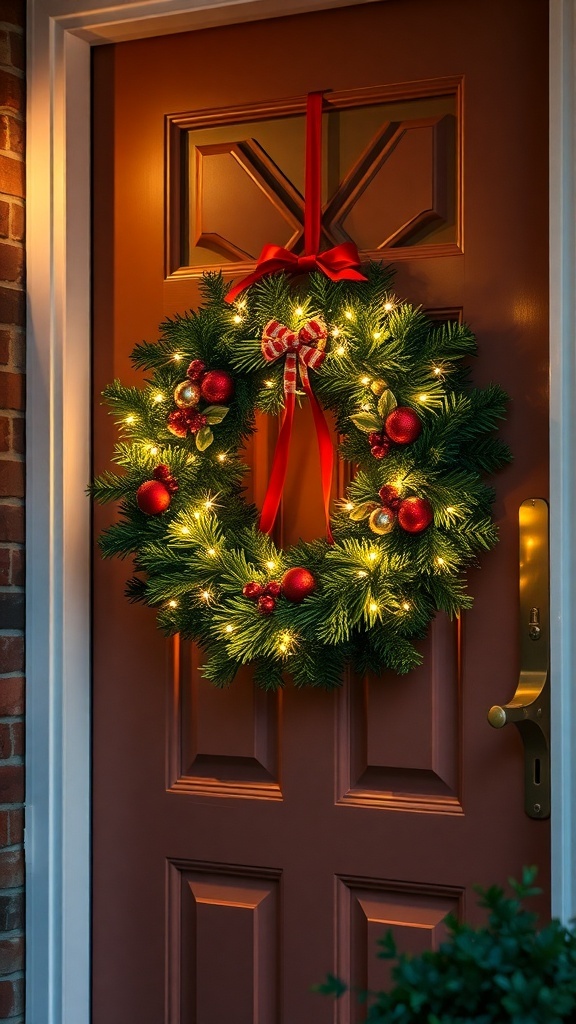 A beautifully decorated battery-operated LED wreath with red ornaments and lights, hanging on a brown door.