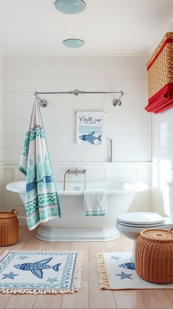 A bright coastal bathroom featuring beach-themed textiles, including towels and rugs with fish designs, woven baskets, and a hanging sign.